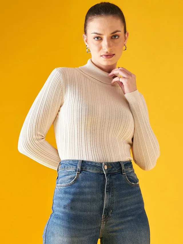98 Degree North Self Design High Neck Casual Women White Sweater