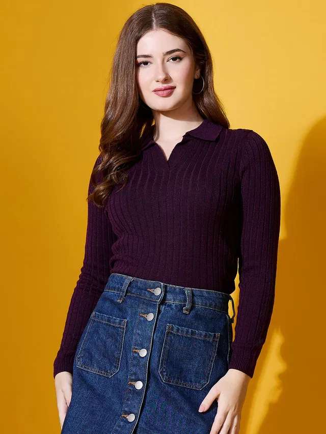 98 Degree North Self Design, Striped Collared Neck Casual Women Maroon Sweater