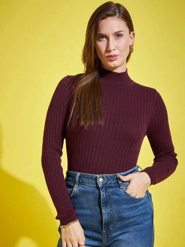 98 Degree North Self Design Turtle Neck Casual Women Maroon Sweater