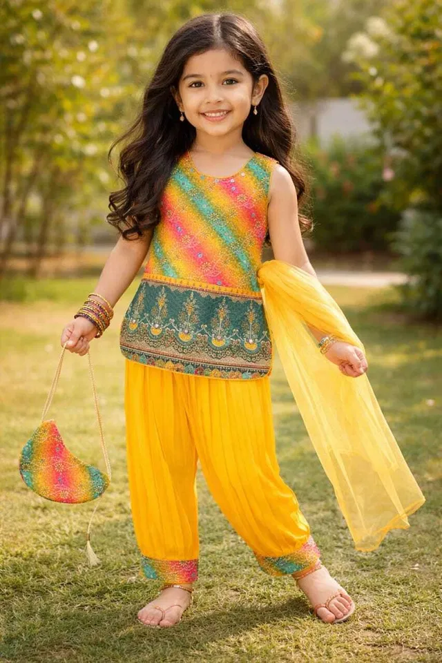 Firoj Dresses Girls Festive & Party Kurta, Dhoti Pant & Dupatta Set