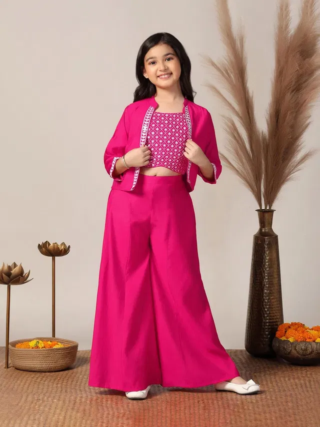 Fashion Dream Girls Festive & Party Ethnic Jacket, Blouse and Palazzo Set