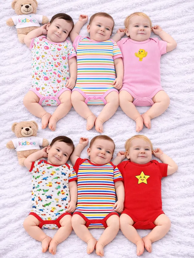 KidBee Romper For Baby Boys & Baby Girls Casual Striped, Printed Pure Cotton, Hosiery