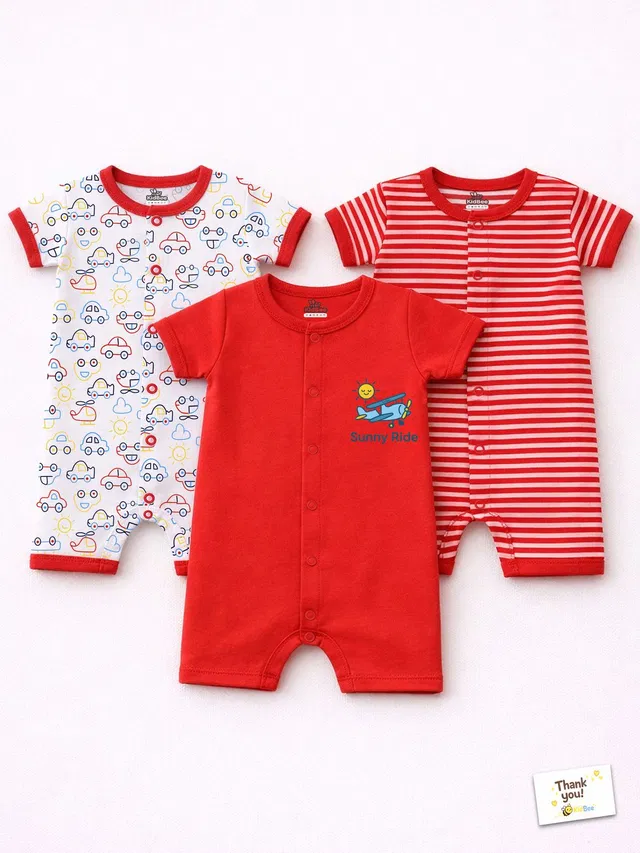 KidBee Romper For Baby Boys Casual Printed, Striped Cotton Blend
