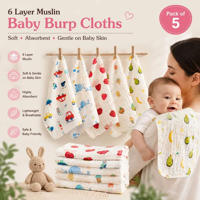 CuddleHop Baby Burp Cloth, 6 Layer Muslin Baby Burp Cloths, Soft & Absorbent (Pack of 5)