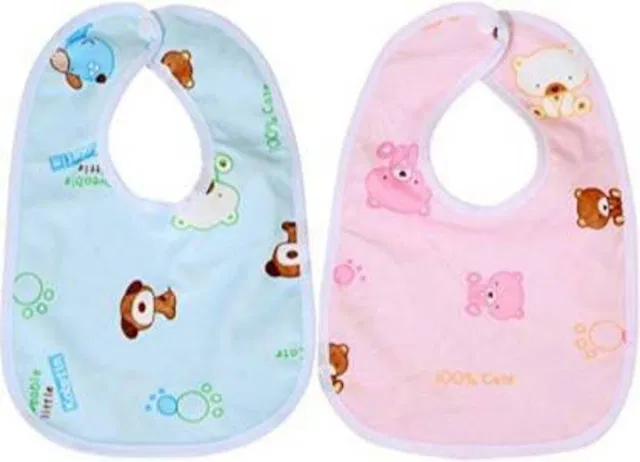 Kidsify Baby Button Bibs Apron for Feeding and Drooling Cute Animated Print with Tich Button Double Layered Waterproof (Pack of 2)