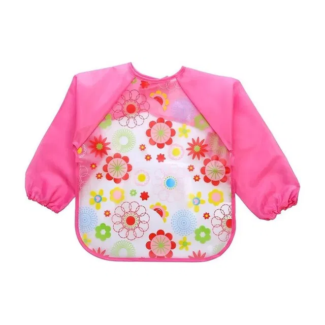 MOMSCAPE Full Sleeves Baby Feeding Bib Apron Washable Plastic Colorful Cartoon Long Bib
