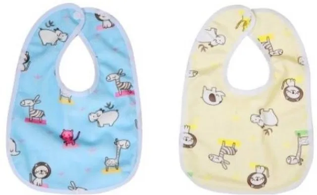 MOMSCAPE Baby Button Bibs Apron for Feeding and Drooling Cute Animated Print with Tich Button Double Layered Waterproof (Pack of 2)