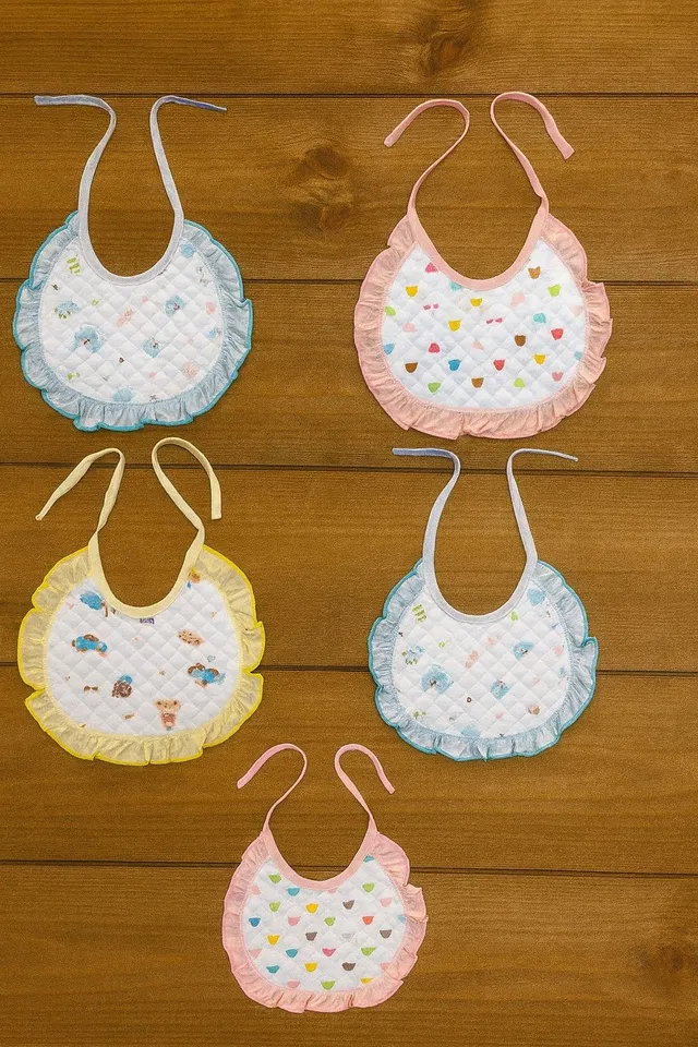 KIDS BASIC Baby Bibs (Pack of 5) — Soft Cotton Feeding Bibs with Tie-Up, || Frill BIbs