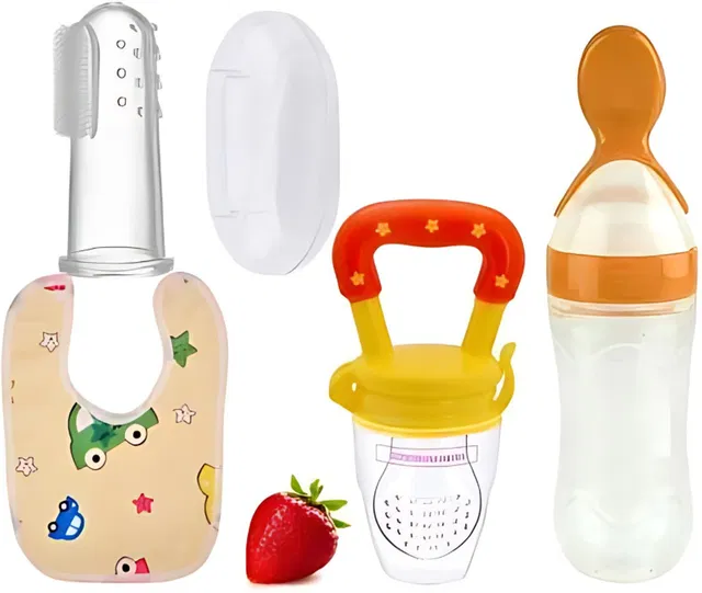 ASTRA Baby Feeding Spoon-90ml & Fruit Feeder, Finger Toothbrush & Bib