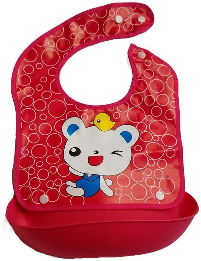 Connectwide Silicone Soft Adjustable Fabric Neck, Detachable Tray, Baby Bib Waterproof Burp Cloths with Food Catcher Red