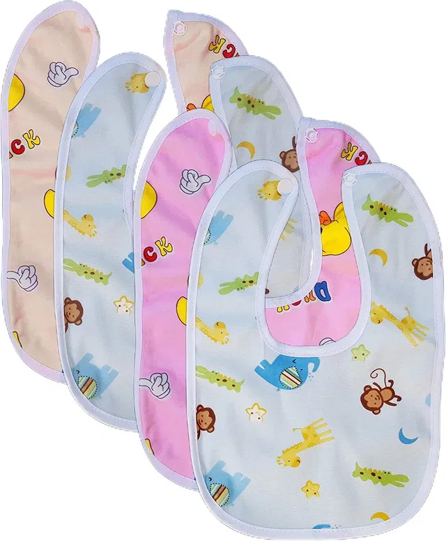 Kidsify Baby Button Bibs Apron for Feeding and Drooling Cute Animated Print with Tich Button Double Layered Waterproof (Pack of 4)