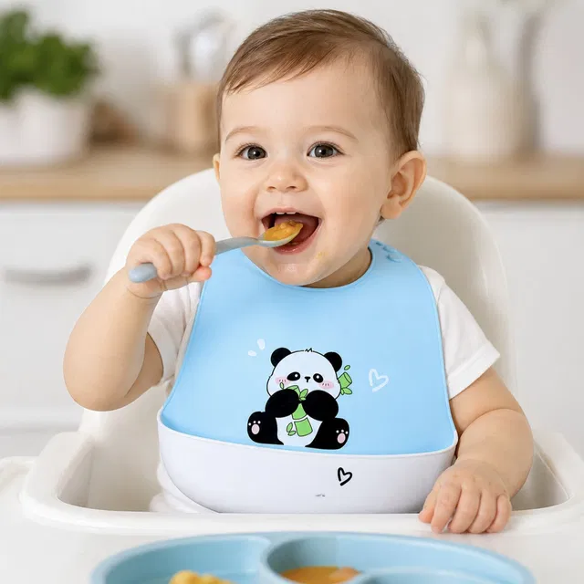 Earthcon Waterproof silicone baby feeding bib with food catcher pocket