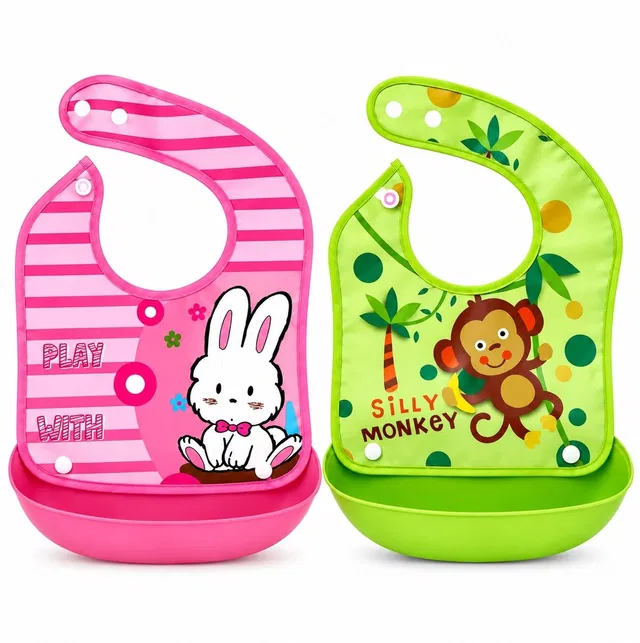 Shop your choice Waterproof Baby Food Apron Plastic Bibs with Detachable Tray Pack of 2