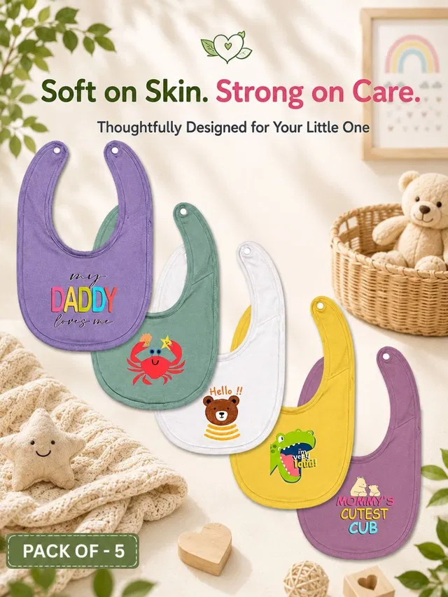 RIGO Jr Cotton Terry Printed Baby Feeding Bibs - Multicolor - Pack of 5