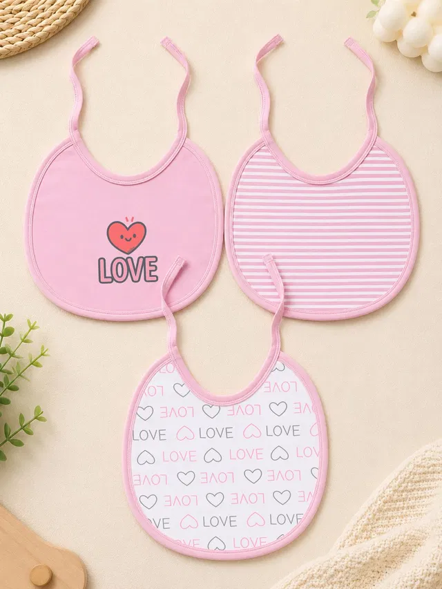 KidBee Soft Cotton Tie-Up Feeding Bib for Baby Boys & Girls 0-24 Months (Pack of 3)