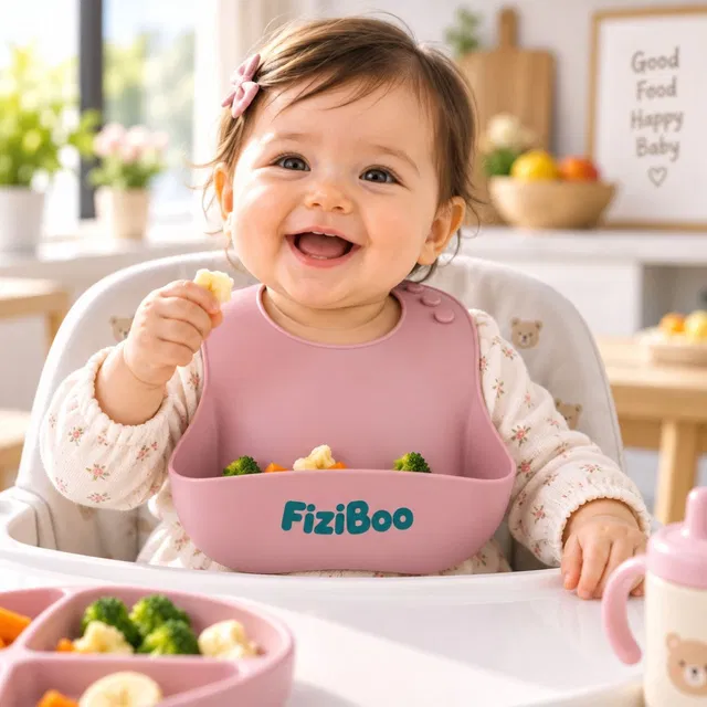 Fiziboo Silicone Baby Bib Adjustable Waterproof Feeding Bib with Food Pocket - Pink