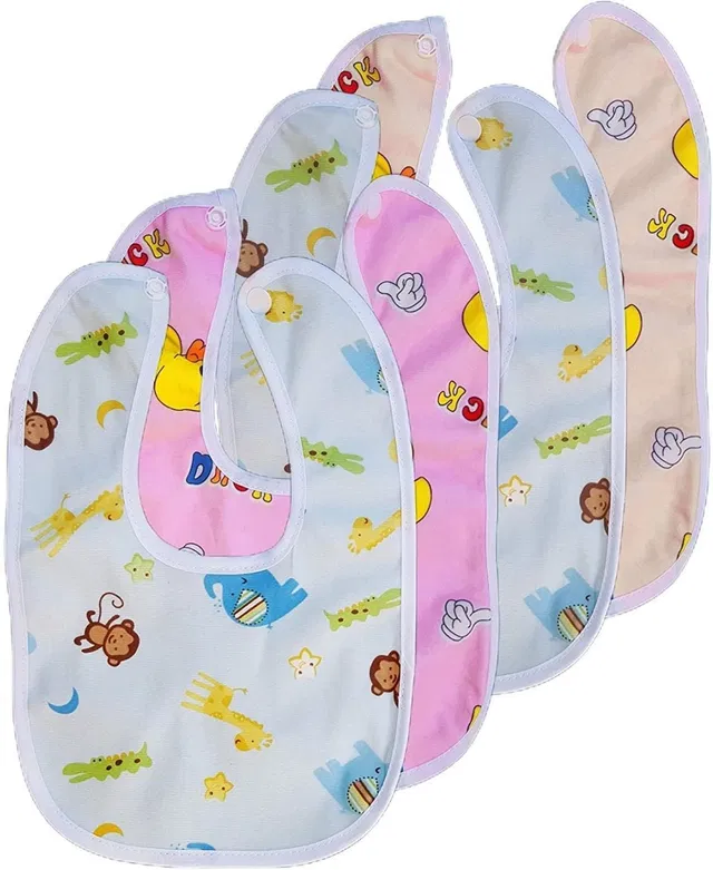 MOMSCAPE Baby Button Bibs Apron for Feeding and Drooling Cute Animated Print with Tich Button Double Layered Waterproof (Pack of 4)