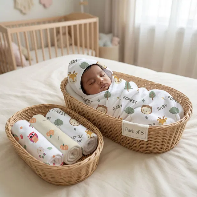 Mookoo Printed Single Hooded Baby Blanket for  Mild Winter