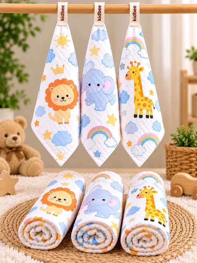 KidBee Muslin Baby Wash Cloth 6 Layer Napkin Soft Cotton Face Towel 25 X 25cm Pack of 3