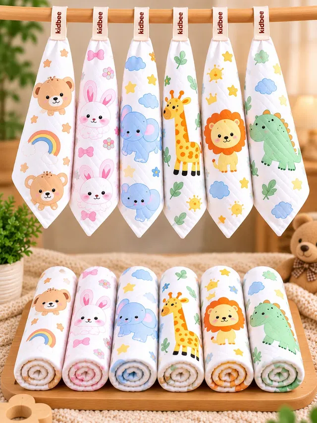 KidBee Muslin Baby Wash Cloth 6 Layer Napkin Soft Cotton Face Towel 25 X 25cm Pack of 6