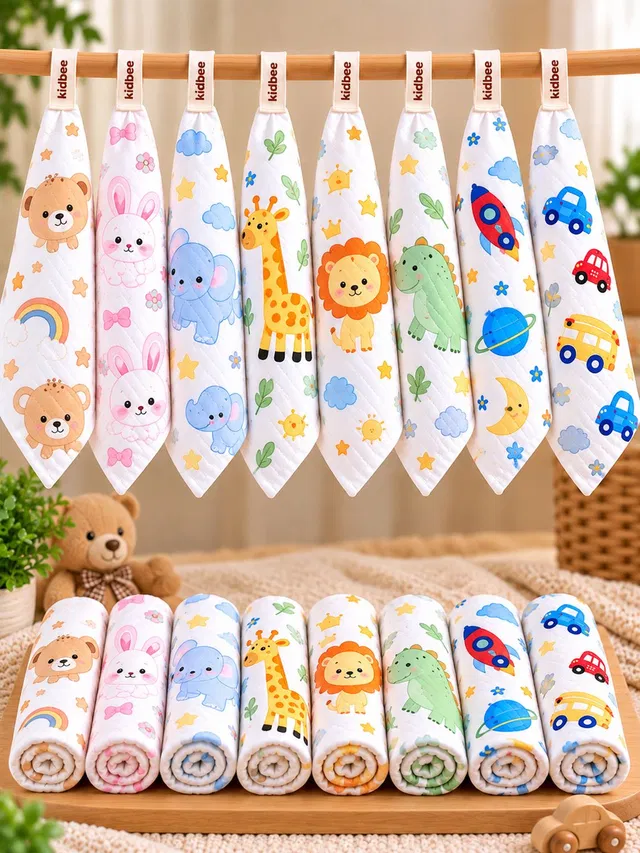 KidBee Muslin Baby Wash Cloth 6 Layer Napkin Soft Cotton Face Towel 25 X 25cm Pack of 8