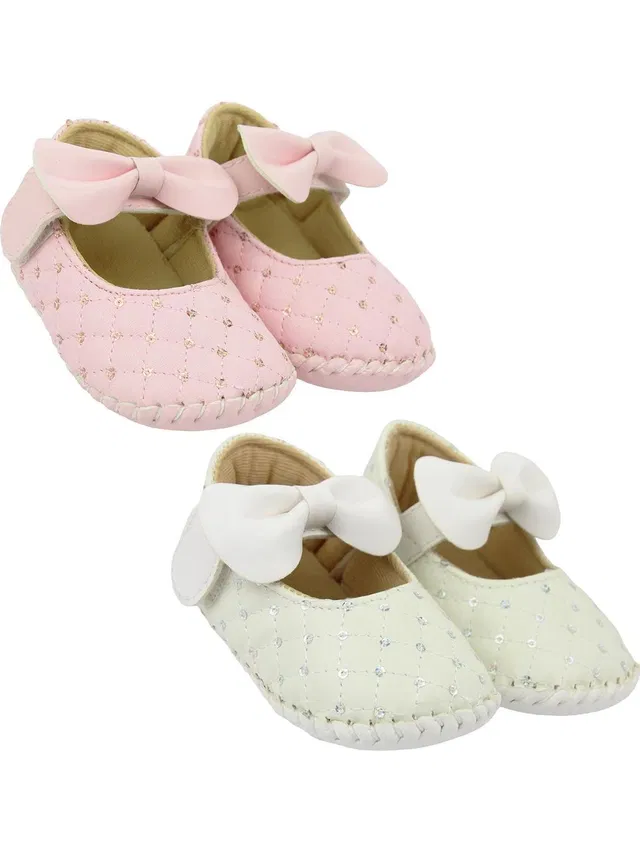 Neska Moda 6 To 12 Months Baby Girls Set of 2 Pair Belly Shoe Partywear Bow Sandal Velcro Booties