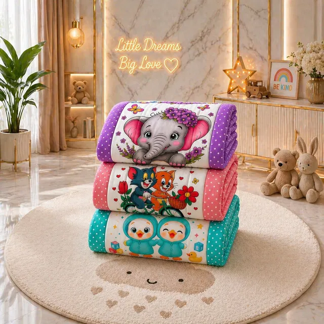 Veloura Kids Tom&Jerry,Elephant And Duck Printed Baby Quilt Set of-(3) | Soft Cotton Sleeping Mattress Baby Quilts