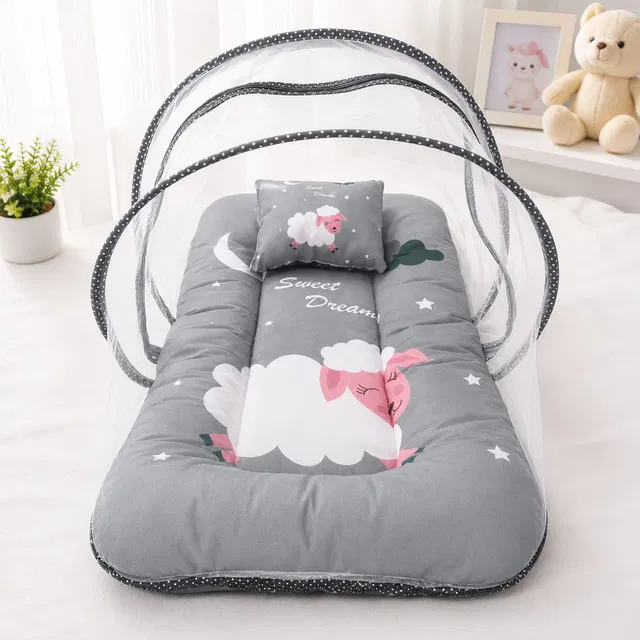 NickSumCreation7 Sweet Dreams Cotton Baby Bedding Set with Mosquito Net | Soft Foldable Mattress Tent Printed / Cartoon Print
