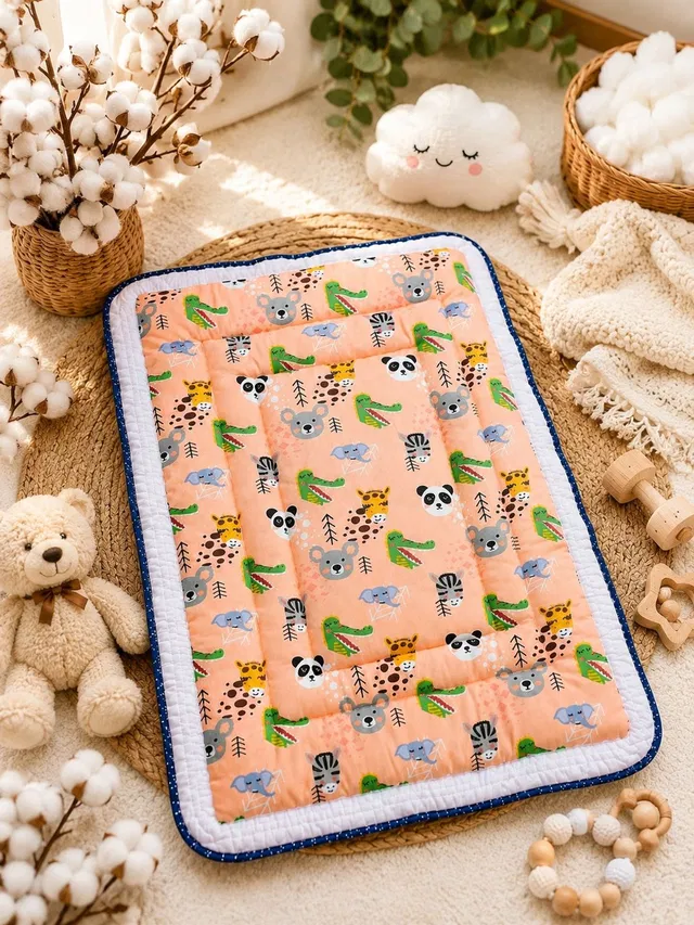 Veloura Kids Muslin Cotton Baby Quilt | (Size:30x20 Inch) | Soft Cotton Sleeping Mattress | Baby Quilt | Foldable & Travel Friendly Bedding Set for New-born to Toddler