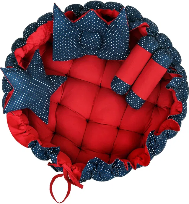 Hector Red & Blue 5 Pillows & Round shape Cotton Baby Bed for 0-1 Year OE-BB11 Baby Bed Dotted