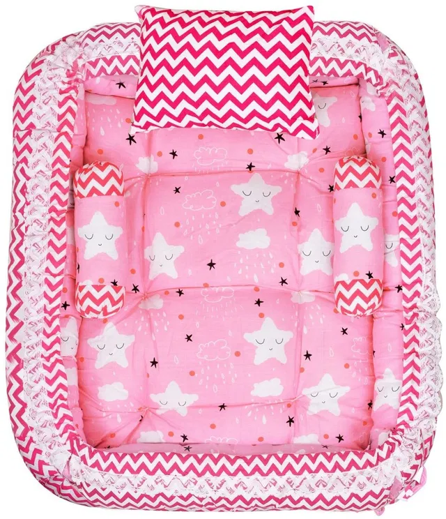 Sanchi Creation Pink 3 Pillows Cotton Baby Bed for 0-6 Month SI-BB06 Baby bedding set Stars