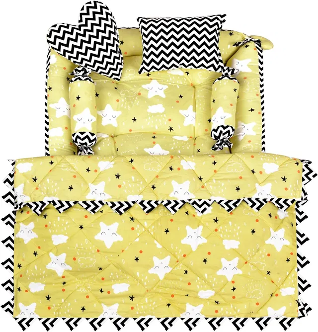 MAITRY COLLECTION Yellow 4 Pillows Cotton Baby Bed for 0-6 Month BB15 Baby bedding set Stars