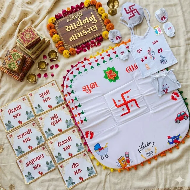 PREETENCY Chhathi Pujan Set with mattress,7 Blessing Cards, Baby Outfitset of-3 new born baby naming ceremony set 7blessing cardk set of-3