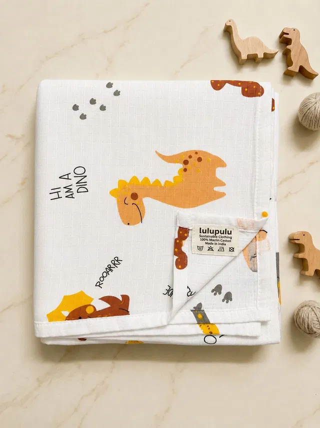 Lulupulu LulupuIu 100% Organic Cotton Baby Muslin Swaddle Multipurpose Baby Safe Dino Print