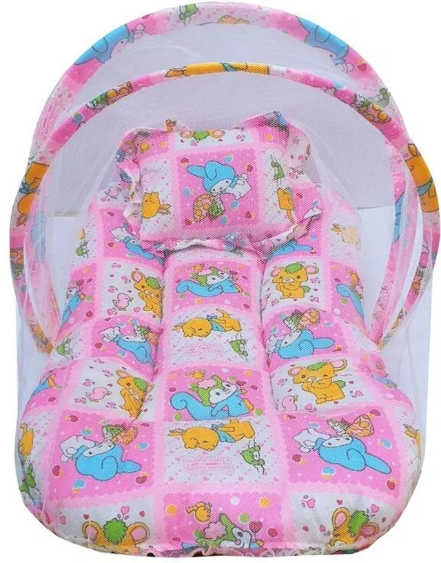 Little Baby Bedding Set with mosquito net for new born | Cotton | Baby Bed | Foldable mattress | Pink Standard Crib