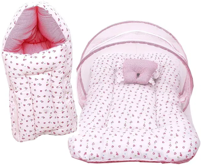 Fareto New Born Baby Combo Of Baby Sleeping Bag & Mosquito Net Bed(0-6 Months,Pink) Bed And Sleeping Bag Combo Heart
