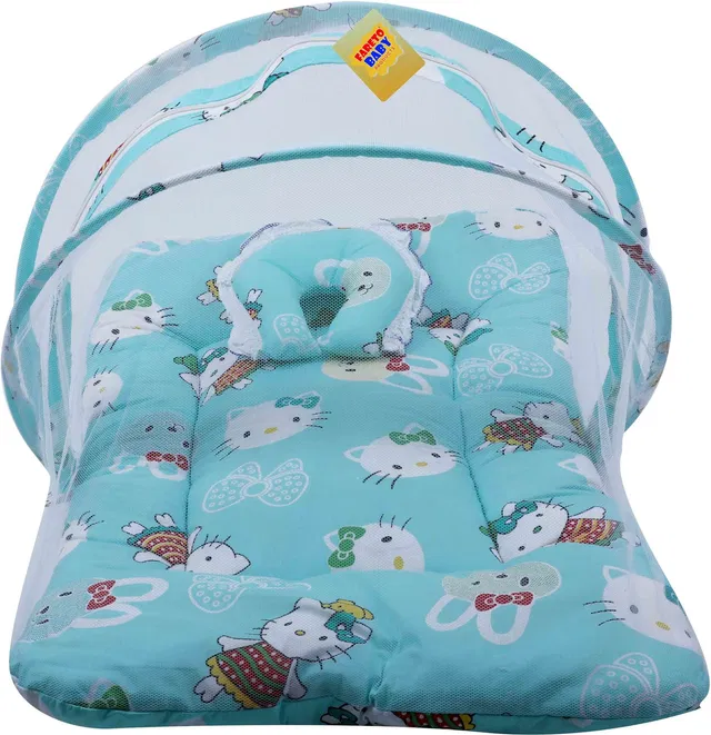Fareto New Born Baby Cat Print Mattress with Mosquito Net & Sleeping Bag Combo (0-6 Months) Baby Bed Printed