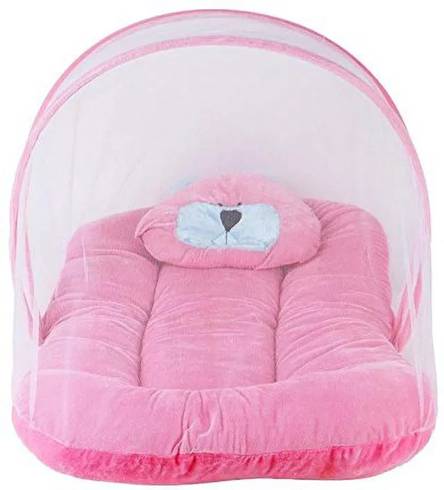 PANKSHRI ENTERPRISE Velvet Baby Bedding Set (Pink) Soft and Comfortable with Attached Mosquito Net for Kids Tent Mosquito net