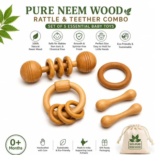 Shreeja Shilpcraft Pure Neem Wood Baby Rattle & Teether Combo Set of 5 Natural Rattle