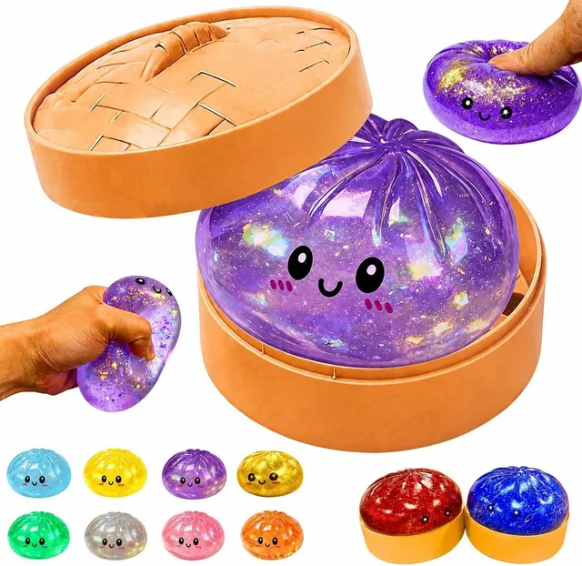 KNH MART Dumpling Squishy Mystery Box with Food Steamer,Cute Big Glitter Slow Stress Ball  - 10 cm