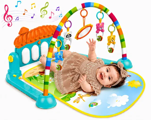 Learn With Fun Interactive Baby Play Mat with Hanging Rattle Toys Musical Piano and Mirror Rattle