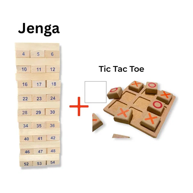 zeora 54pcs Wooden Tumbling Tower Block Game Set with 4 Dice & Tic Tac Toe Puzzle