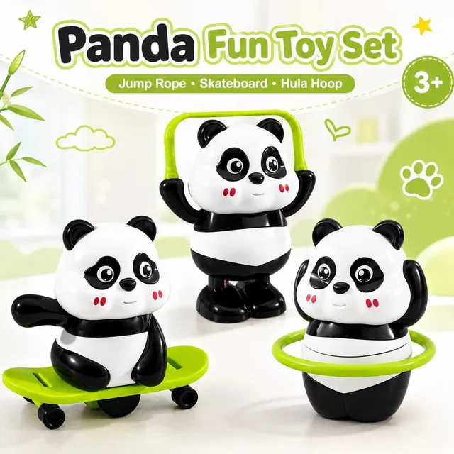 OPINA 3-Panda Wind-Up Hoop Toy for Kids, Manual Key Operated Spinning Toy_ 3+ Years Rattle