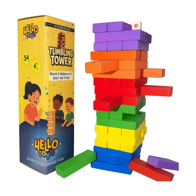 Hello Toys Colored Tumbling Tower Game (54 Pieces) | Family Indoor Stacking Challenge