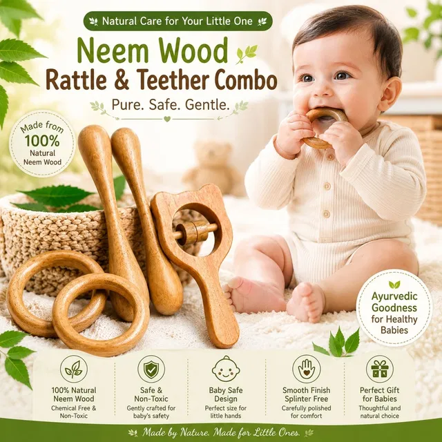 Shreeja Shilpcraft Neem Wood Baby Teether and Rattle Set Safe Wooden Toys Combo for Toddlers Rattle