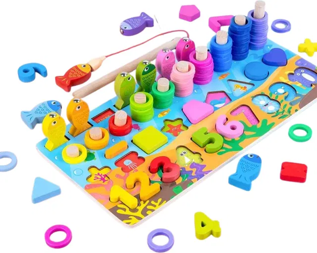 Little Mind Wooden 6-in-1 Montessori Learning Board | Fishing, Counting & Shape Sorter