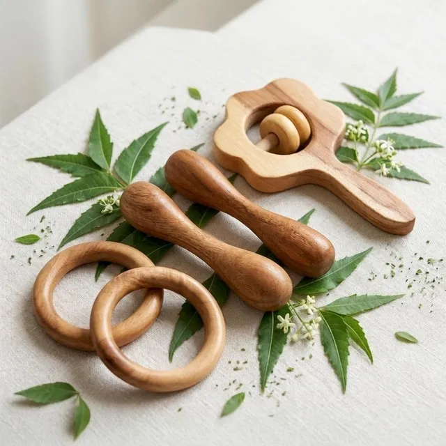 Rana creation mart Pure neem wood teether rattles for kids pack of 5 Rattle