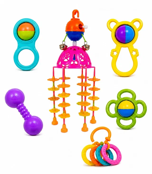 SufyQuens Baby Rattle Set 5 Pieces with Jhoomer | Infant Toys | Easy Grip Rattle