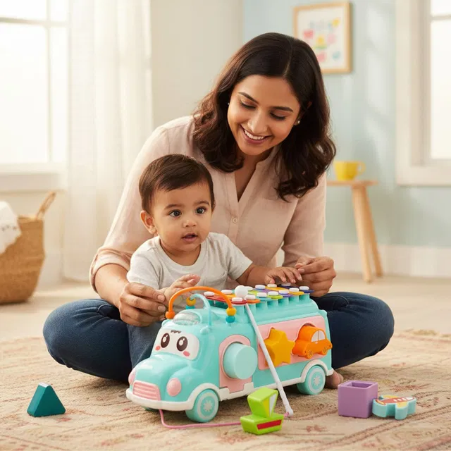 S sukan tex Musical Bus Toy with Xylophone & Shape Sorter for Kids