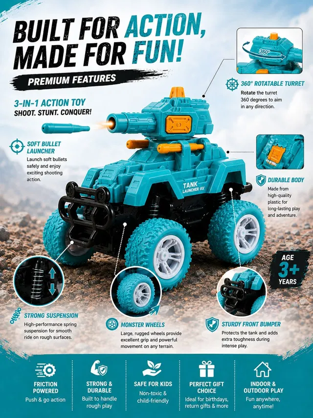 COLOR FLAME Tank Monster Truck Car for Gift | Bullet Shooting-Push & Go, 360° Stunt